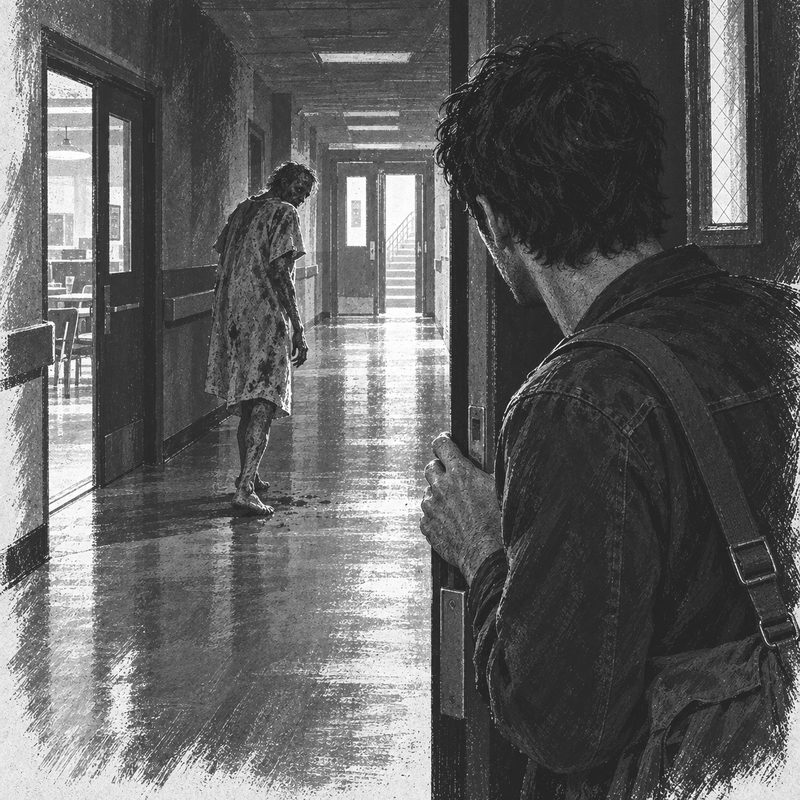 A man peers through a half-open door at a barefoot figure in a stained hospital gown in the corridor.